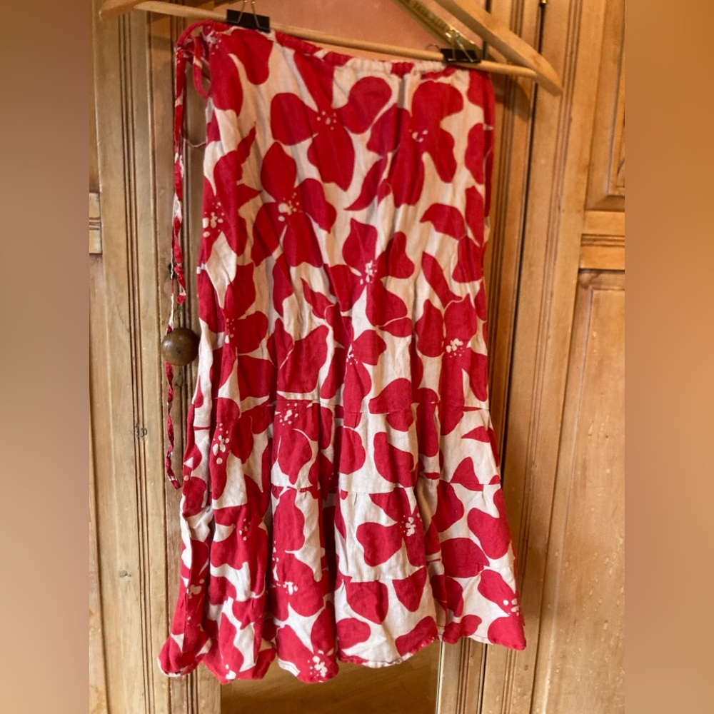 Abstract floral Red and Cream 100% Linen Midi Skirt